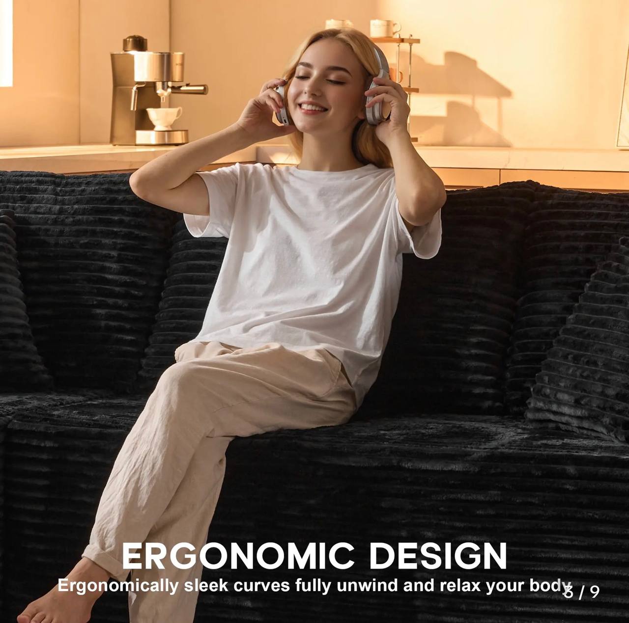 Sofa detail showing premium fabric texture and stitching